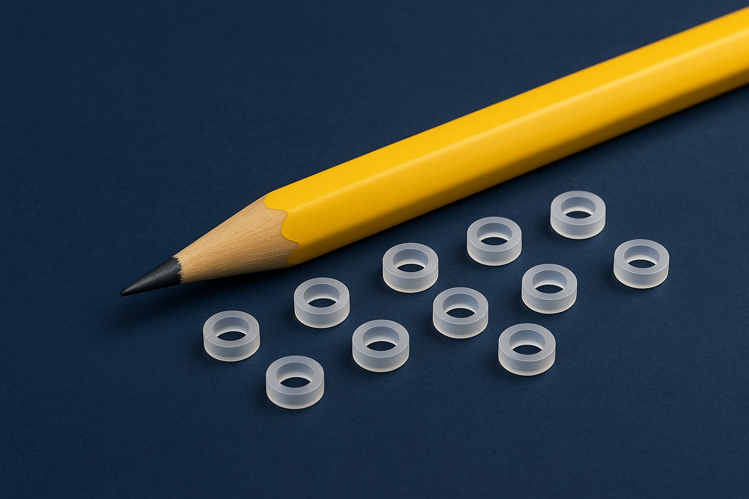 Precyzyjnie wycięte laserowo, półprzezroczyste pierścienie z tworzywa sztucznego ułożone obok żółtego ołówka na gładkim, ciemnoniebieskim tle. Obróbka CNC.