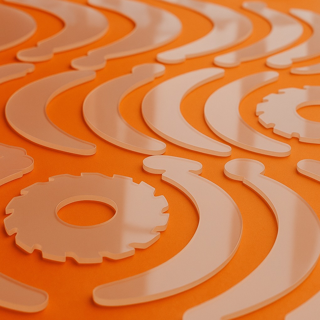 Precyzyjnie wycięte laserowo elementy z tworzywa: półksiężyce z uchwytem i koła zębate, ułożone na pomarańczowym tle. Detal obróbki tworzyw.