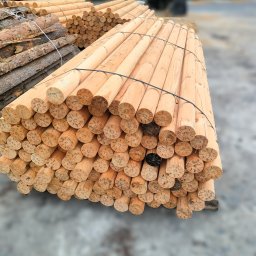 WIĘŹBUD SP. Z O.O. - Stos okrąglaków z jasnego drewna, związanych czarną taśmą, z widocznymi oznaczeniami na przekroju, ułożonych na szarym podłożu. W tle stos kory.