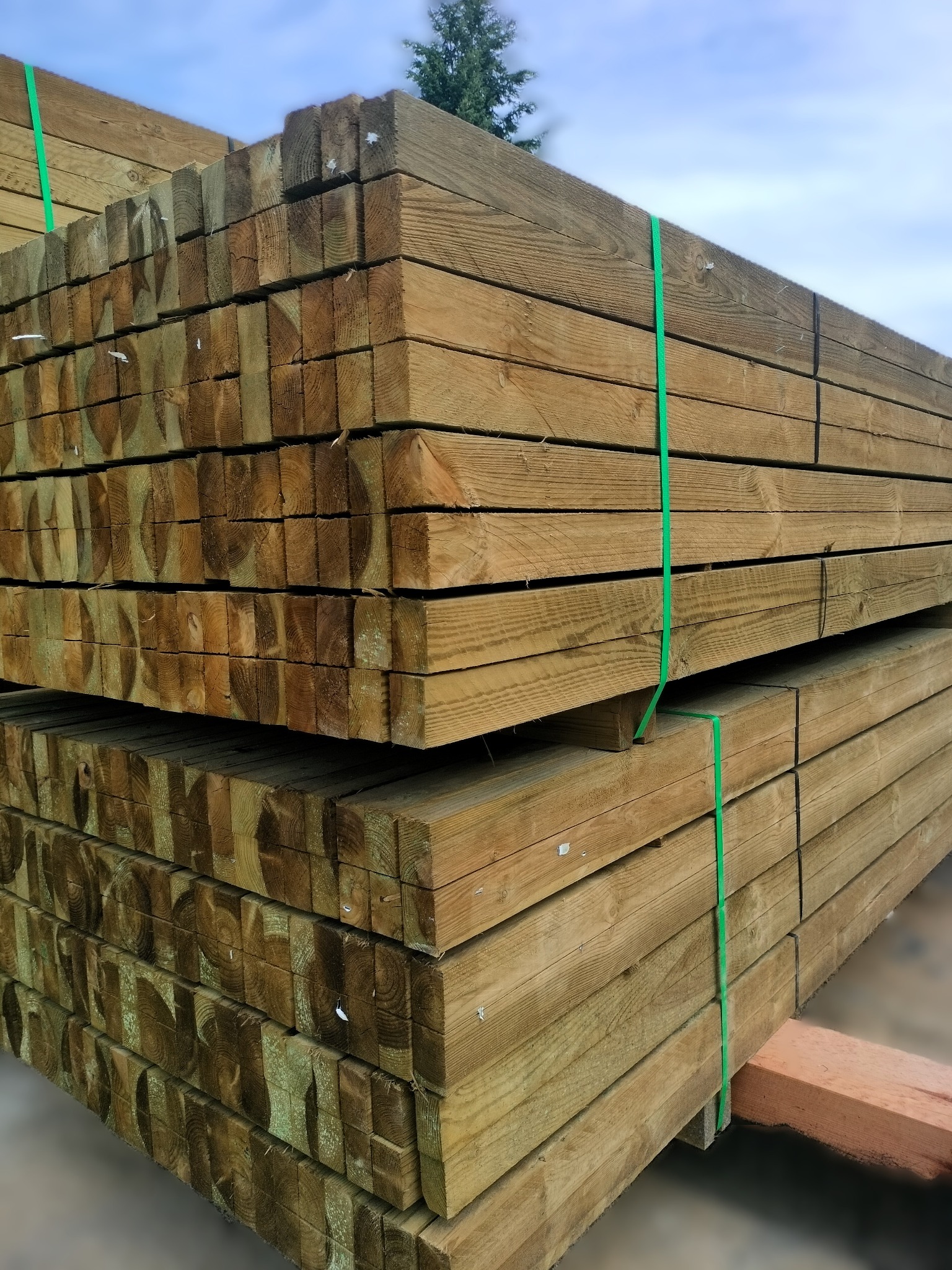Stos tarcicy budowlanej z zielonymi taśmami, widoczne słoje drewna, ustawiony na belkach. W tle fragment drzewa i niebo.