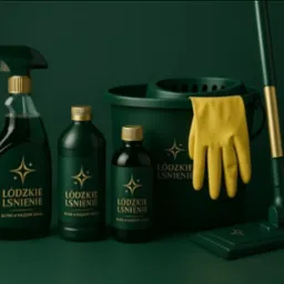 Zestaw środków czystości w odcieniach zieleni i złota, z logo 'Łódzkie Lśnienie', obejmujący spryskiwacz, butelki, wiadro, mop i żółtą rękawicę. Elegancki design.