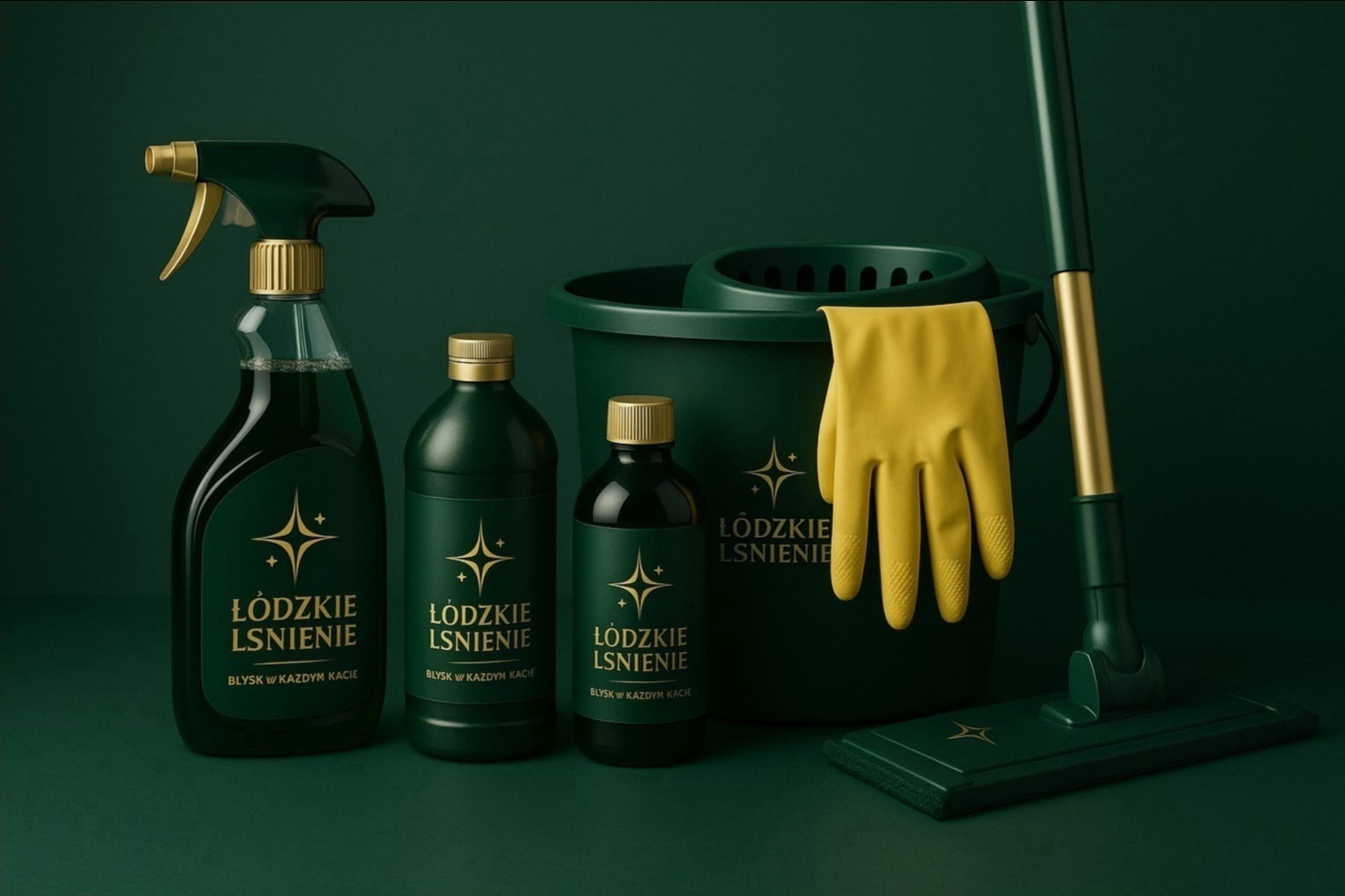 Zestaw środków czystości w odcieniach zieleni i złota, z logo 'Łódzkie Lśnienie', obejmujący spryskiwacz, butelki, wiadro, mop i żółtą rękawicę. Elegancki design.