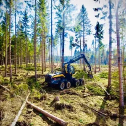 Żółto-czarny harwester w lesie sosnowym, świeżo po wycince. Widoczne pnie i ścięte gałęzie. Słoneczny dzień, wysokie drzewa w tle. Maszyna gotowa do dalszej pracy.