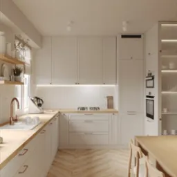 Jasna kuchnia w stylu skandynawskim: białe szafki z drewnianymi blatami, parkiet w jodełkę, miedziana armatura i oświetlenie punktowe. Minimalistyczny design.