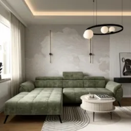 Salon z zieloną sofą narożną, okrągłym stolikiem i dywanem w geometryczne wzory. Nowoczesne lampy wiszące i subtelne oświetlenie sufitowe.