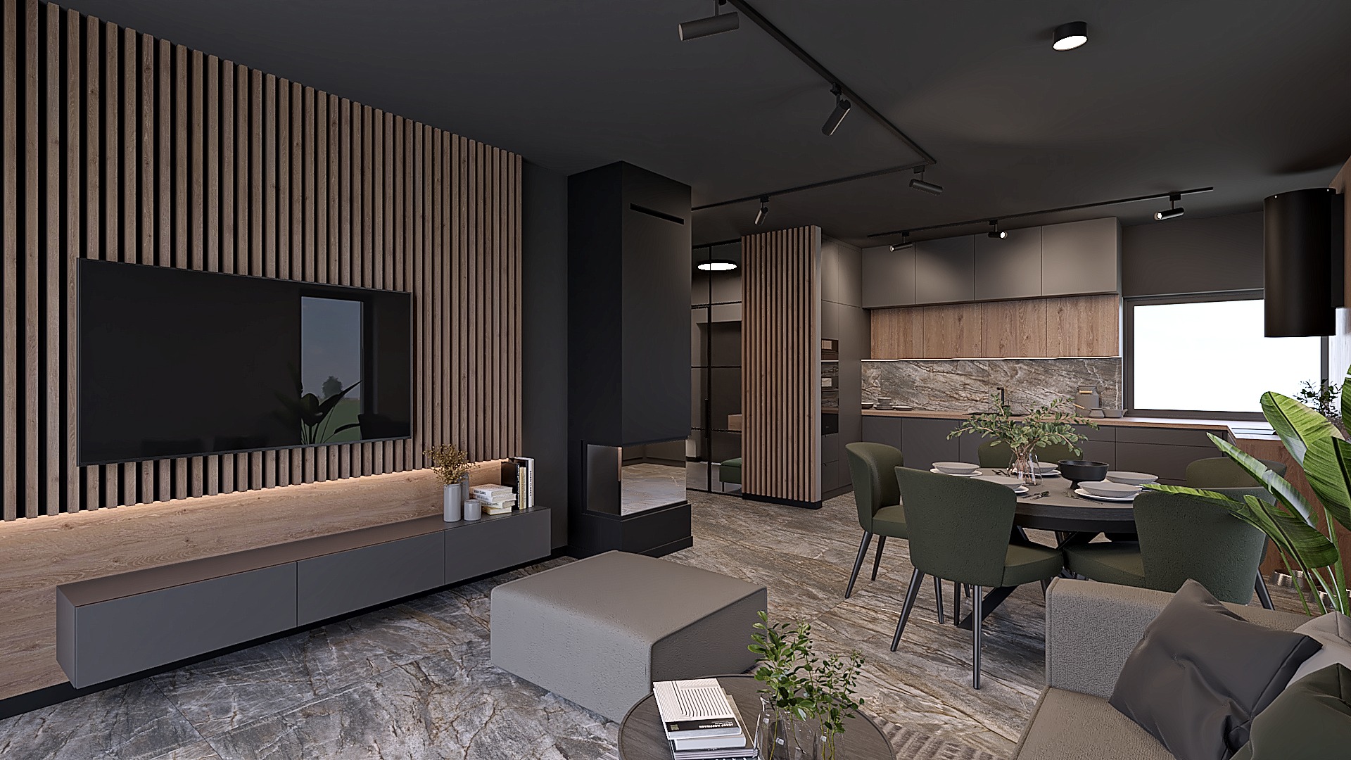 Nowoczesne wnętrze: drewniana ściana z TV, szare meble, jadalnia z zielonymi krzesłami i kuchnia w tle. Minimalistyczny design z akcentami drewna i roślin.