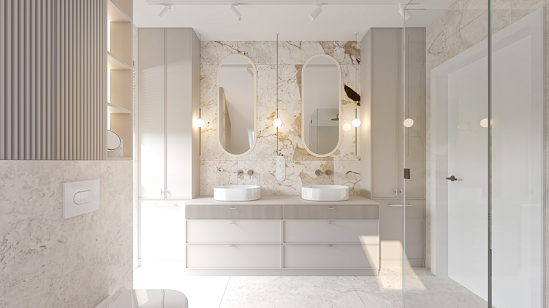 Jasna łazienka z marmurowymi płytkami, owalnymi lustrami i umywalkami nablatowymi. Minimalistyczne szafki i oświetlenie punktowe tworzą elegancki wystrój.