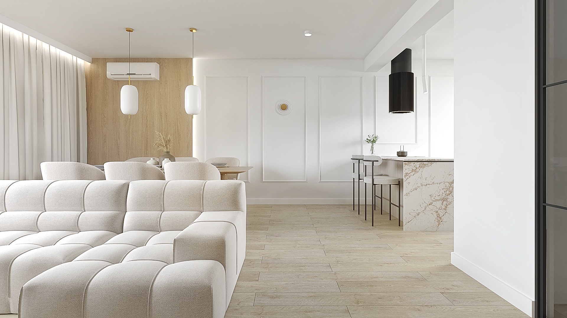 Jasne, przestronne wnętrze: sofa modułowa, stół jadalny, wyspa kuchenna z marmurowym blatem. Minimalistyczne oświetlenie i drewniane akcenty tworzą spójną całość.