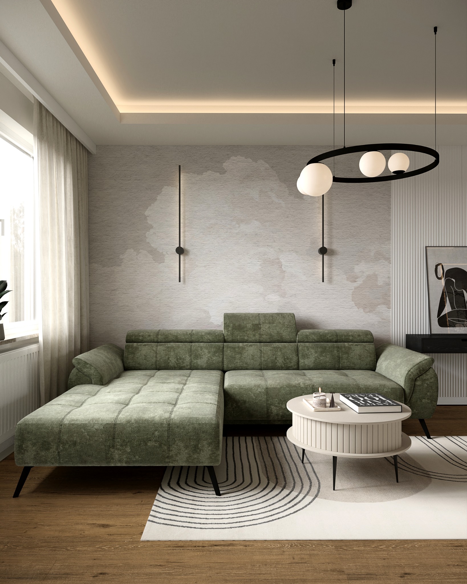 Salon z zieloną sofą narożną, okrągłym stolikiem i dywanem w geometryczne wzory. Nowoczesne lampy wiszące i subtelne oświetlenie sufitowe.