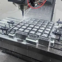 Precyzyjna obróbka metalu na obrabiarce CNC z chłodziwem, detale przymocowane do stołu roboczego, w tle ostrzeżenia BHP.