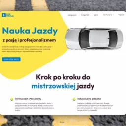 Grafika strony internetowej szkoły nauki jazdy OSK Michał. Żółto-biała kolorystyka, widok z góry na auto i tekst 'Nauka Jazdy z pasją i profesjonalizmem'.