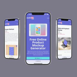 Tetiana L. - Trzy telefony prezentują stronę internetową z generatorem mockupów produktów. Ekrany pokazują różne szablony mockupów, od plakatów po tablety z klawiaturą.