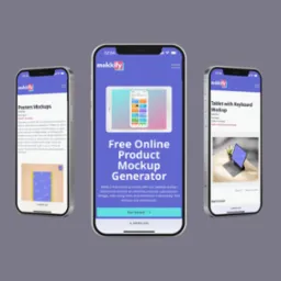 Trzy telefony prezentują stronę internetową z generatorem mockupów produktów. Ekrany pokazują różne szablony mockupów, od plakatów po tablety z klawiaturą.