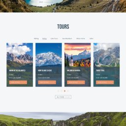 Tetiana L. - Strona internetowa z ofertą wycieczek: Dolomity, Tanzania, Islandia. Zdjęcia górskich krajobrazów, hasło 'Born to be wild', przycisk 'Book now'.