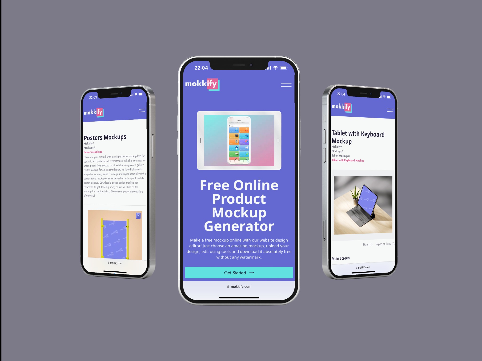 Trzy telefony prezentują stronę internetową z generatorem mockupów produktów. Ekrany pokazują różne szablony mockupów, od plakatów po tablety z klawiaturą.