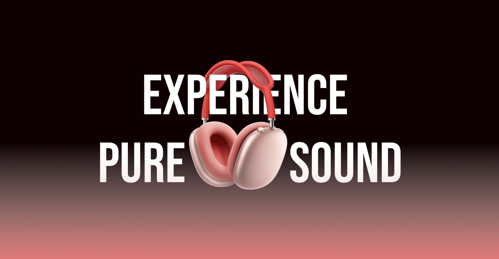 Różowe słuchawki na tle gradientu z napisem 'Experience Pure Sound'. Dominują odcienie różu i bieli. Słuchawki w centralnej części kadru, lekko z lewej strony.