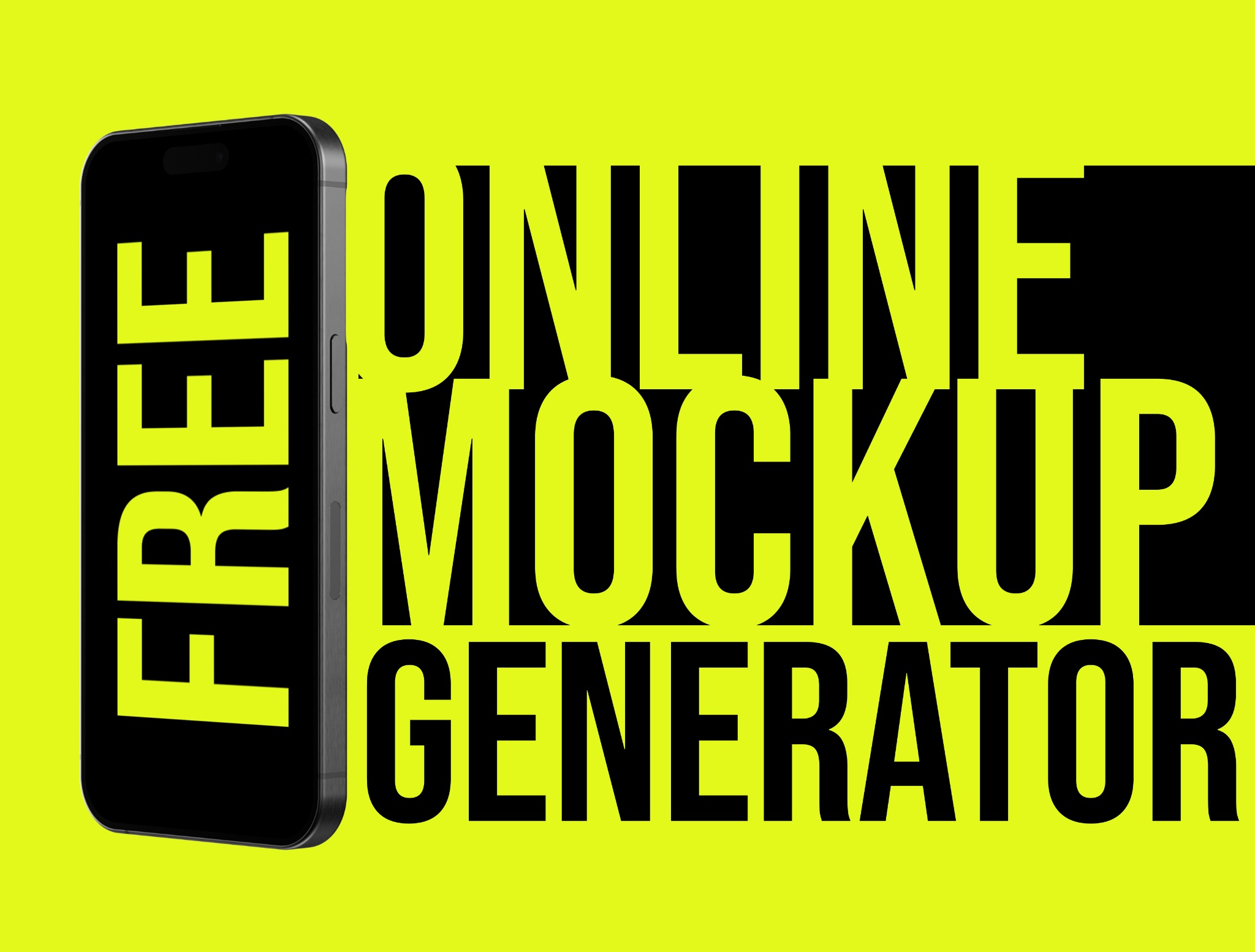 Grafika: Telefon z napisem 'FREE' na ekranie, obok napis 'ONLINE MOCKUP GENERATOR' na jaskrawożółtym tle. Reklama kreatora mockupów online.
