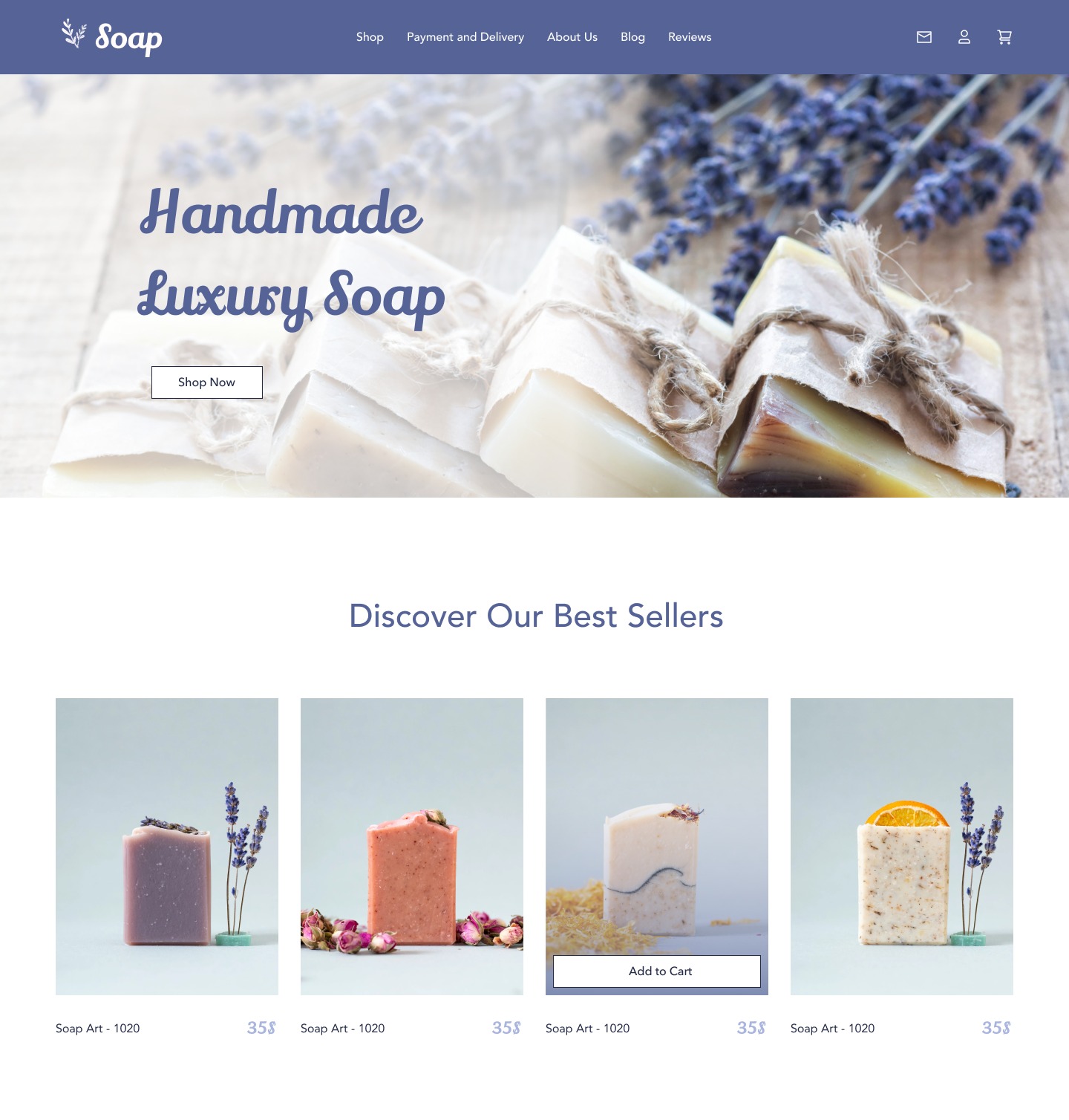 E-commerce strona z ręcznie robionymi mydłami. Na banerze mydła w papierze i lawenda. Poniżej oferta mydeł w kostkach z lawendą i różami. Przycisk 'Dodaj do koszyka'.