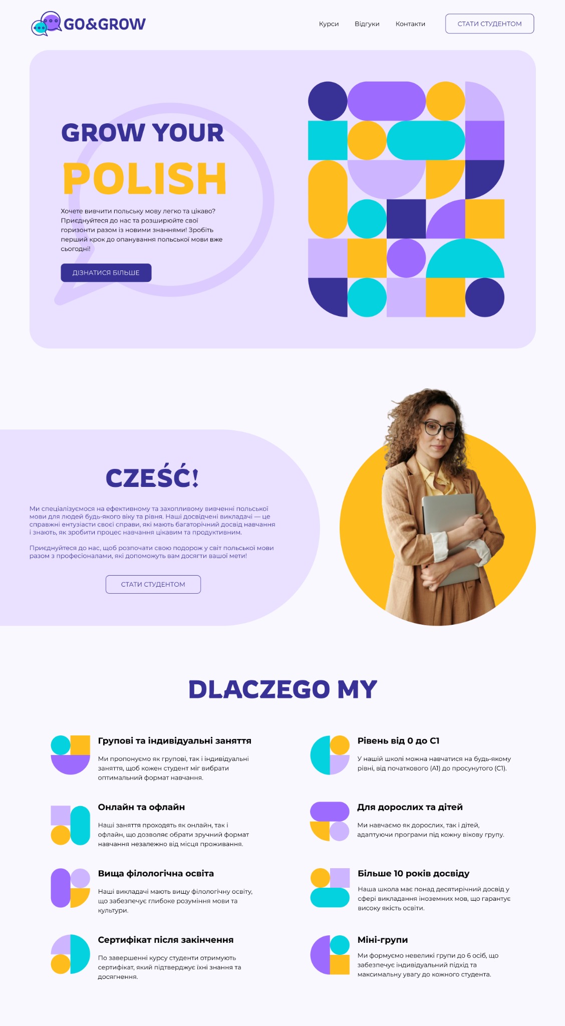 Strona internetowa szkoły językowej z ofertą kursów języka polskiego. Widoczna kobieta z laptopem i nagłówki: Grow Your Polish, Cześć!, Dlaczego My.