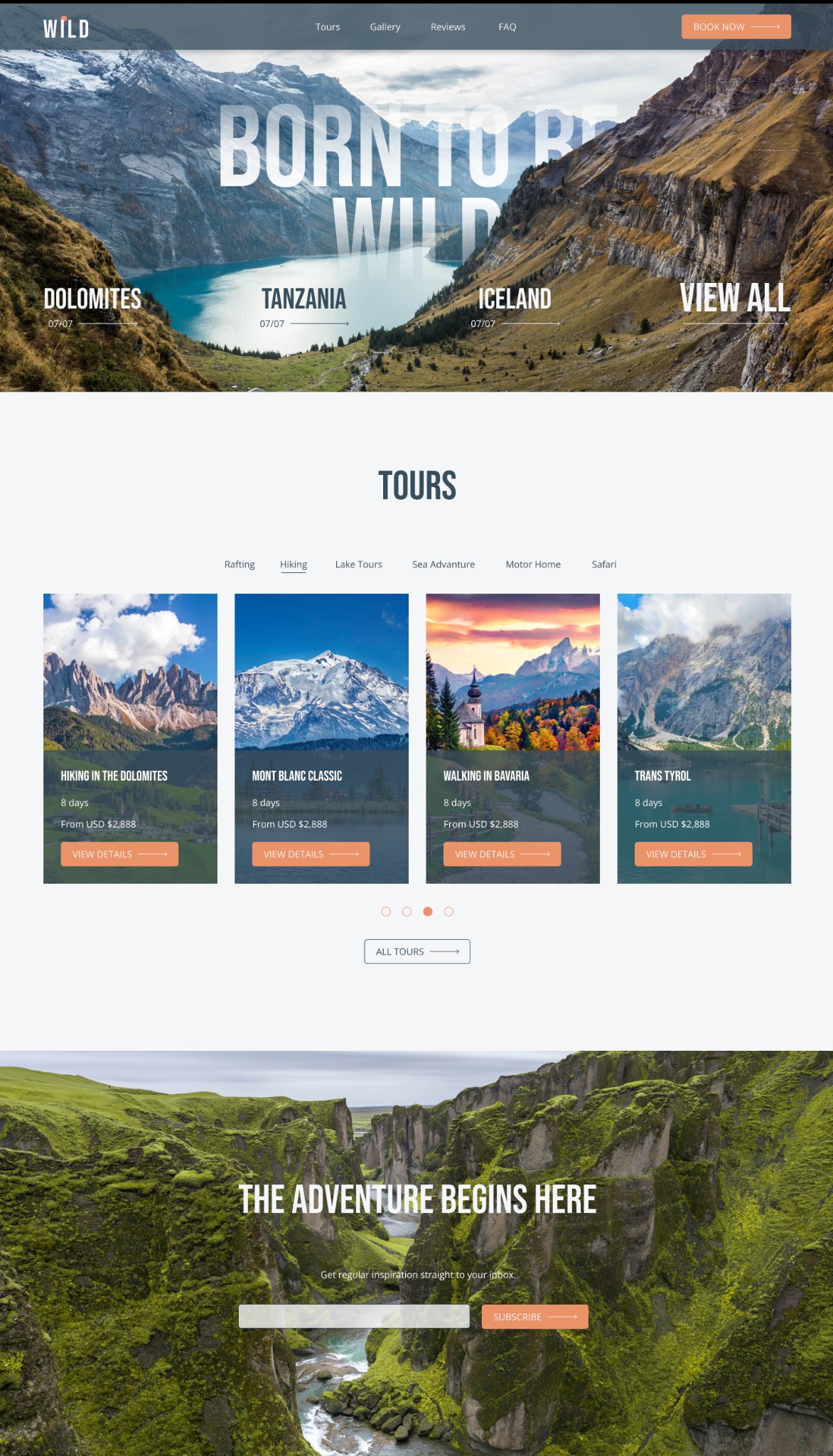 Strona internetowa z ofertą wycieczek: Dolomity, Tanzania, Islandia. Zdjęcia górskich krajobrazów, hasło 'Born to be wild', przycisk 'Book now'.