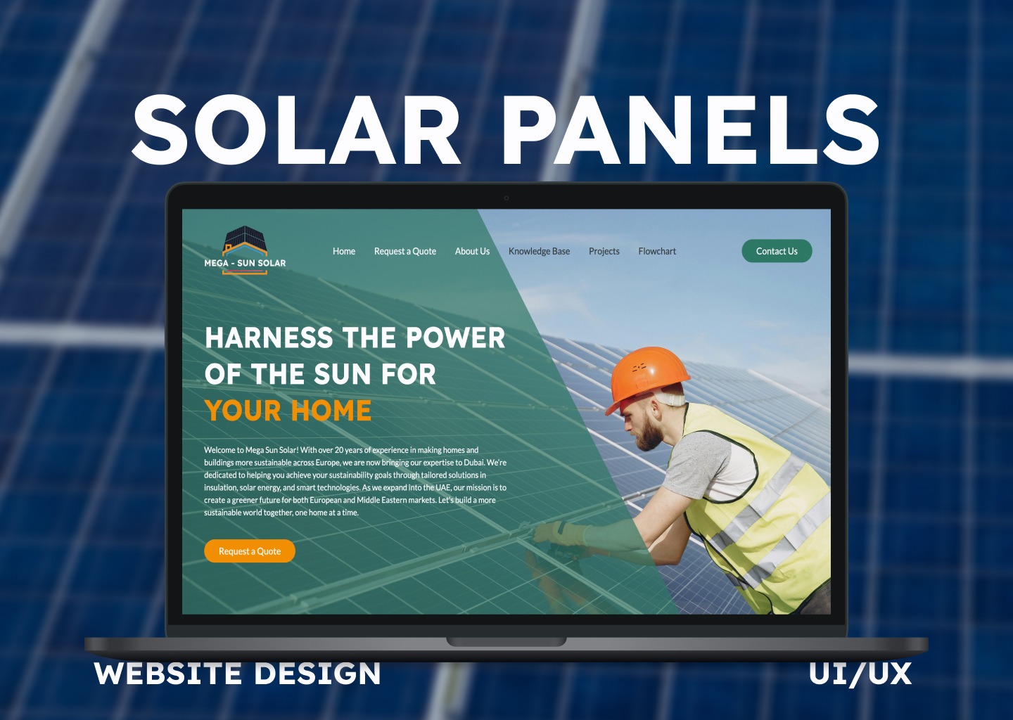Laptop prezentuje stronę o panelach słonecznych z hasłem 'Harness the power of the sun'. W tle widoczne panele słoneczne. Tekst: Website Design, UI/UX.