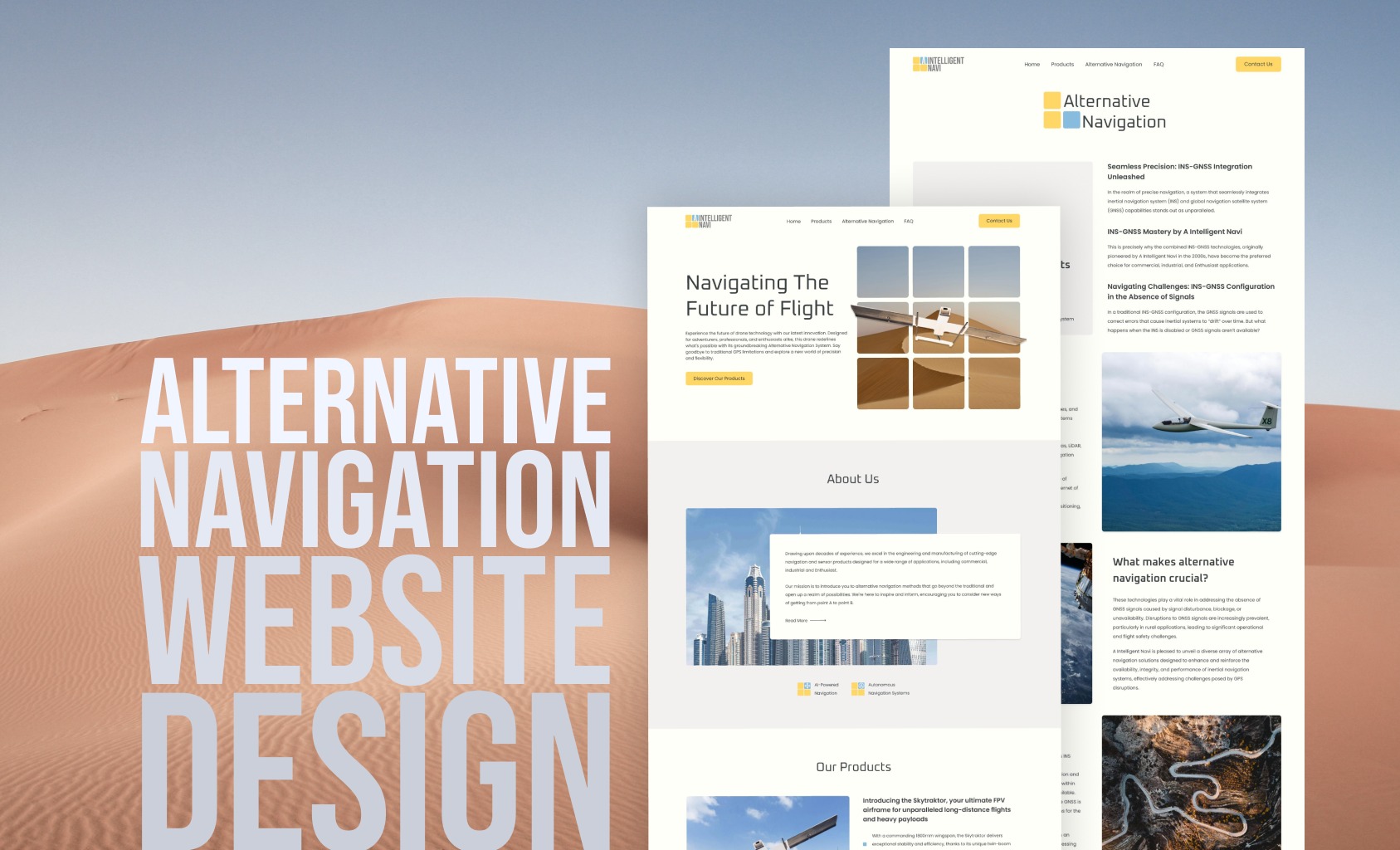 Nowoczesny projekt strony internetowej z motywem nawigacji alternatywnej i minimalistycznym designem, z wykorzystaniem typografii i pustynnego tła.