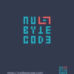 Pikselowy logotyp 'NULL BYTE CODE' w kolorach turkusowym i koralowym na ciemnogranatowym tle. W dolnej części widoczny adres strony internetowej.