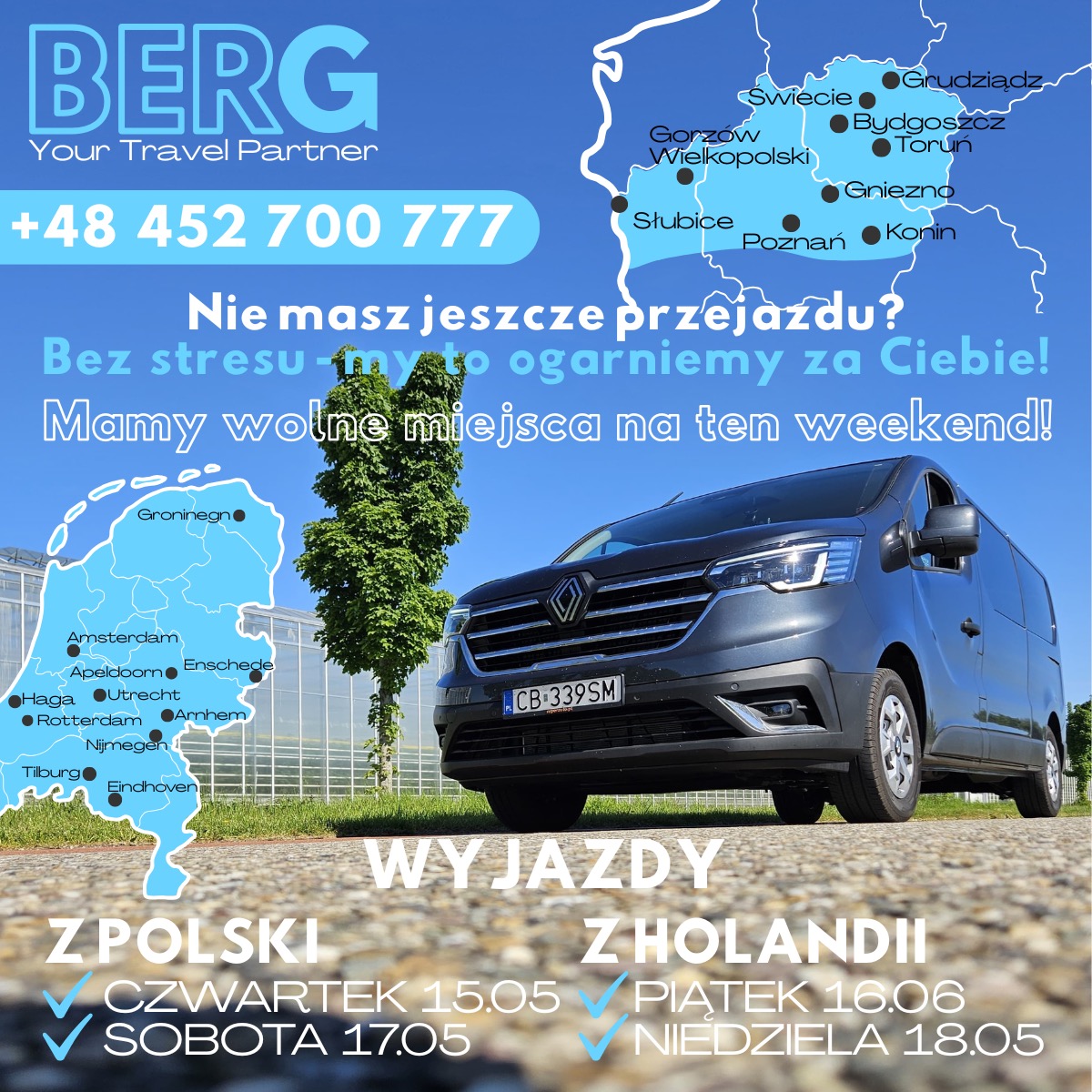Szary bus firmy Berg z ofertą wyjazdów z Polski i Holandii, z zaznaczonymi miastami na mapach. Informacja o wolnych miejscach na weekend i numer telefonu.