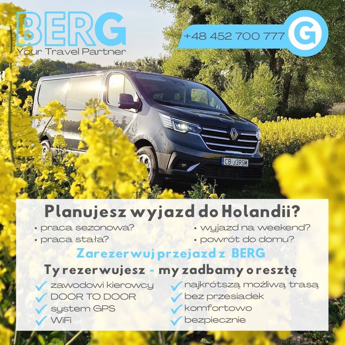 Czarny bus Renault Trafic w polu rzepaku, logo firmy BERG, oferta wyjazdów do Holandii, numer telefonu. Przejazd komfortowy i bezpieczny.