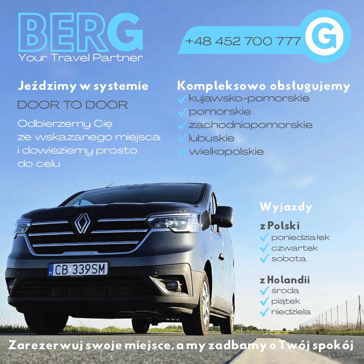 Czarny bus z numerem rejestracyjnym CB 339SM na tle drogi, oferujący przewóz osób door-to-door w Sulnowo i okolicach. Widoczne logo firmy BERG oraz dni wyjazdów do Polski i Holandii.
