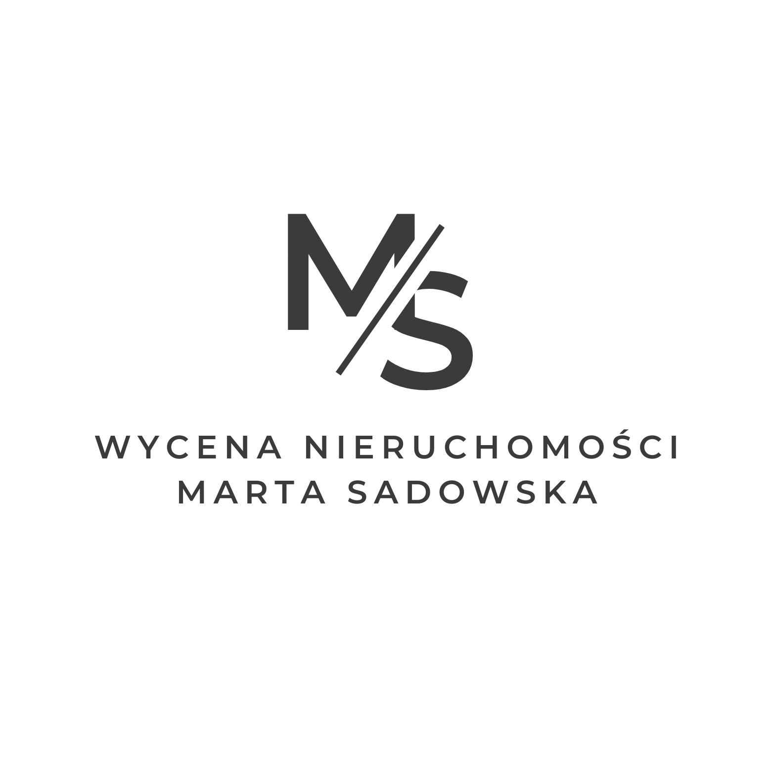Minimalistyczne logo firmy wyceny nieruchomości: stylizowana litera M przecięta ukośną linią, napis 'Wycena Nieruchomości Marta Sadowska' na białym tle.