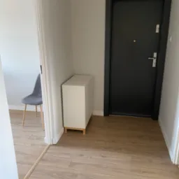 Nowoczesny przedpokój: drewnopodobne panele, biała szafka, czarne drzwi i szare krzesło widoczne w głębi. Minimalistyczny design, jasne ściany.