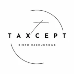 Minimalistyczne logo 'TAXCEPT Biuro Rachunkowe' na białym tle, z elementami graficznymi w postaci półokręgów i stylizowanej litery 'T'.