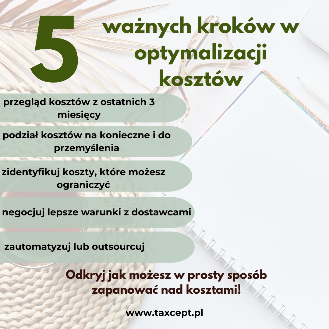 Infografika: 5 kroków optymalizacji kosztów z przeglądem kosztów, podziałem, identyfikacją, negocjacją i automatyzacją. Adres strony taxcept.pl.
