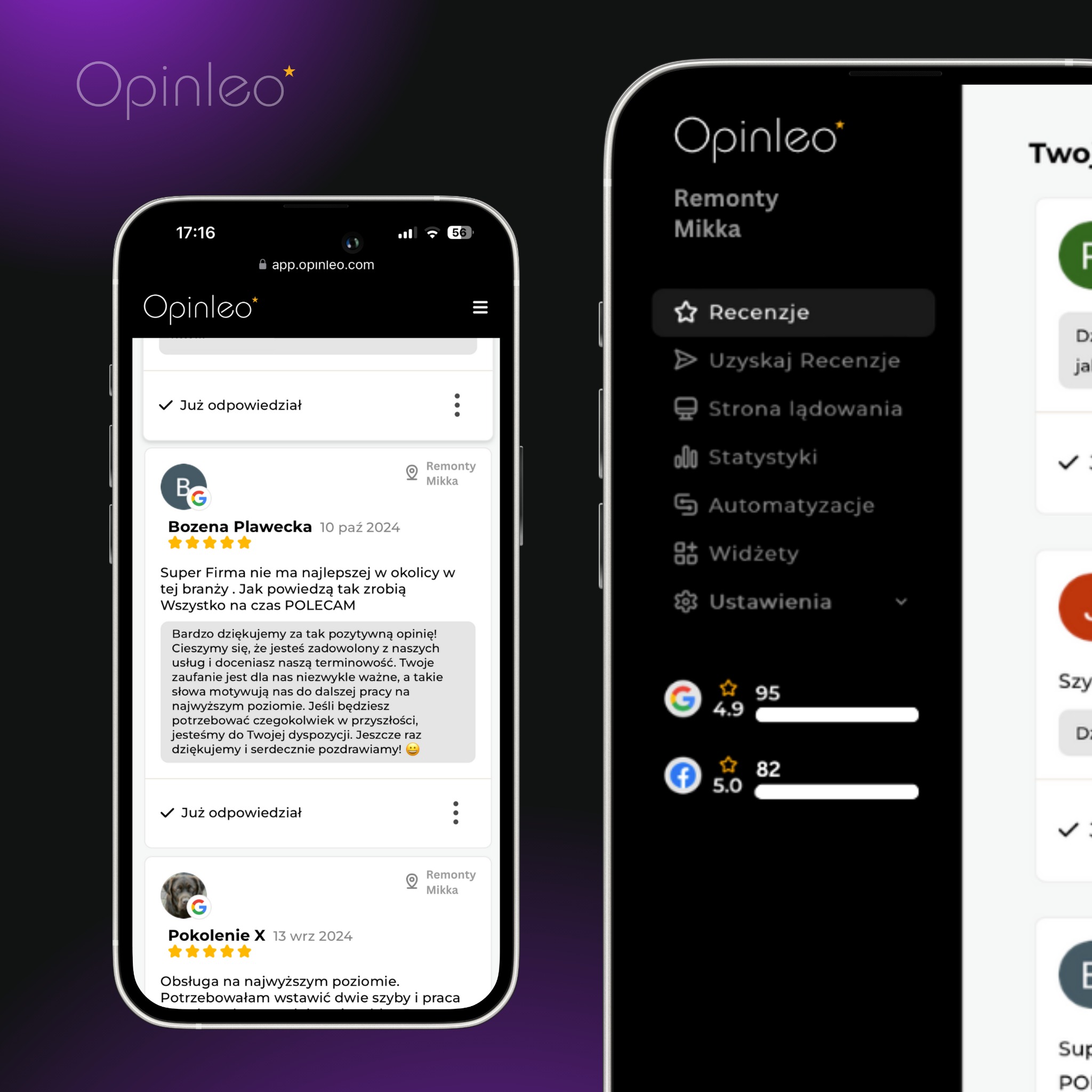Aplikacja Opinleo na telefonie, prezentująca zebrane opinie i statystyki. Widoczne oceny z Google i Facebooka. Interfejs w ciemnej tonacji, z elementami fioletu.