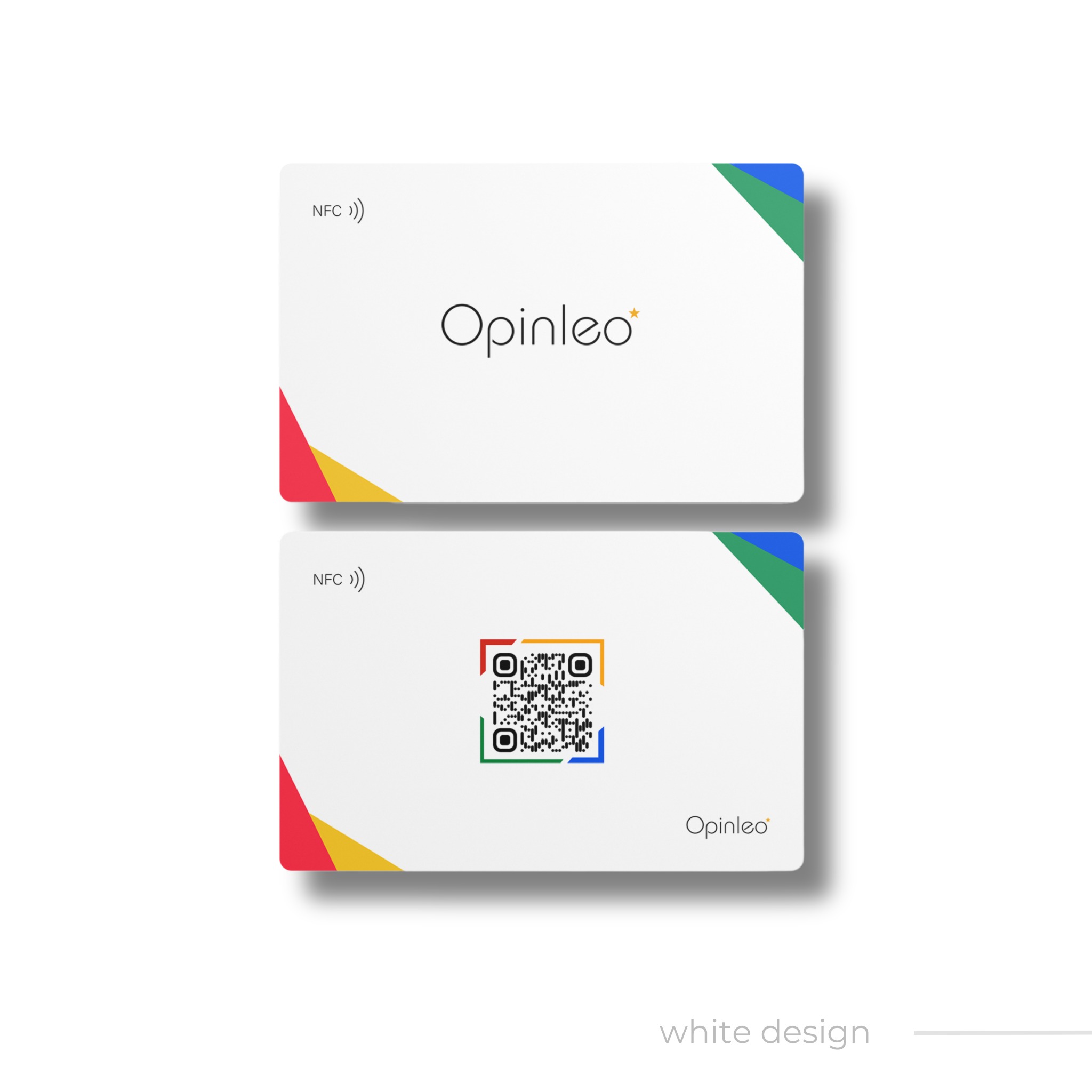 Dwie wizytówki z logo i kodem QR na białym tle. Kolorowe akcenty w rogach (czerwony, żółty, zielony, niebieski). Widoczne oznaczenie NFC. Minimalistyczny design.