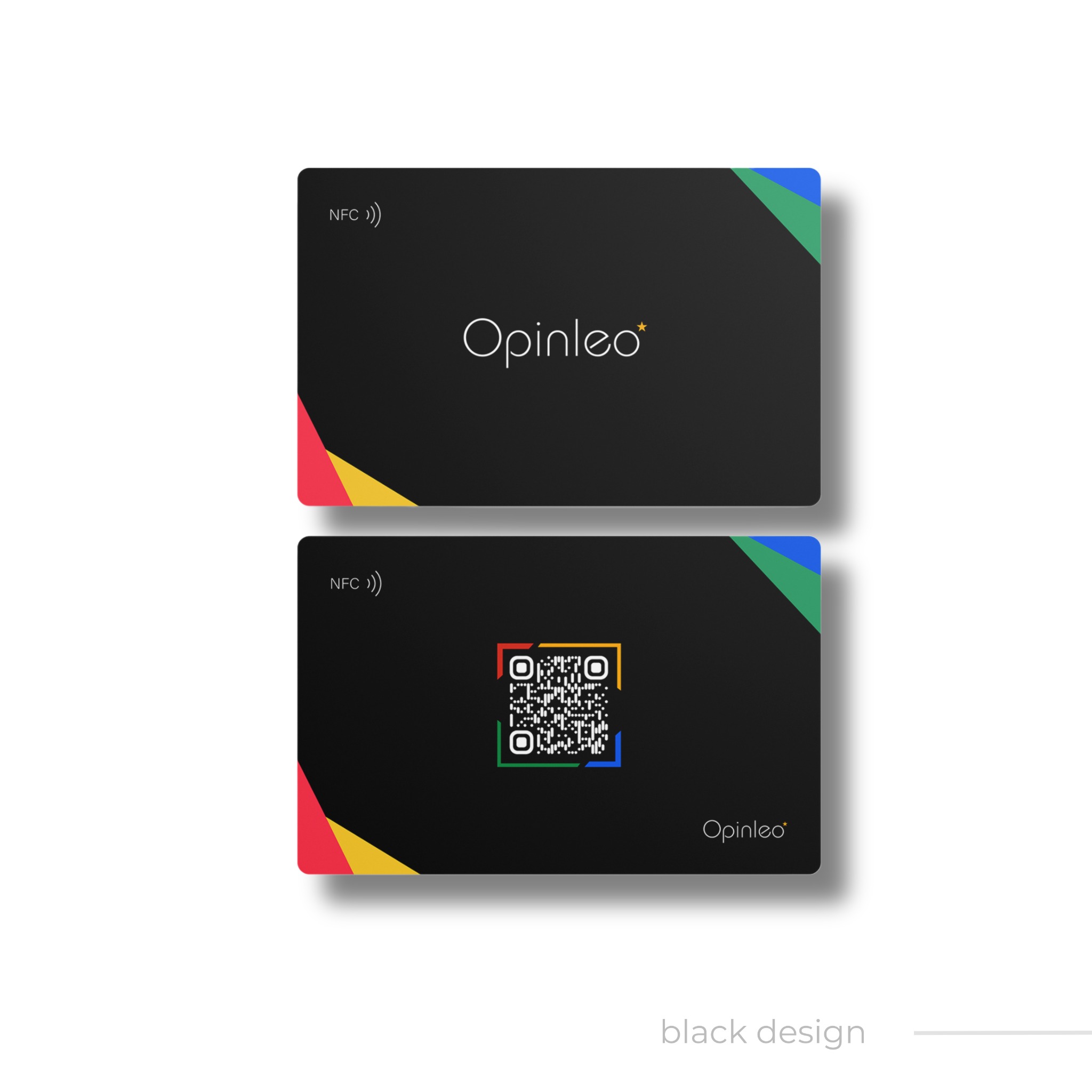 Dwie czarne wizytówki z logo i kodem QR, ozdobione kolorowymi trójkątami w rogach, na białym tle. Widoczny napis 'black design'.