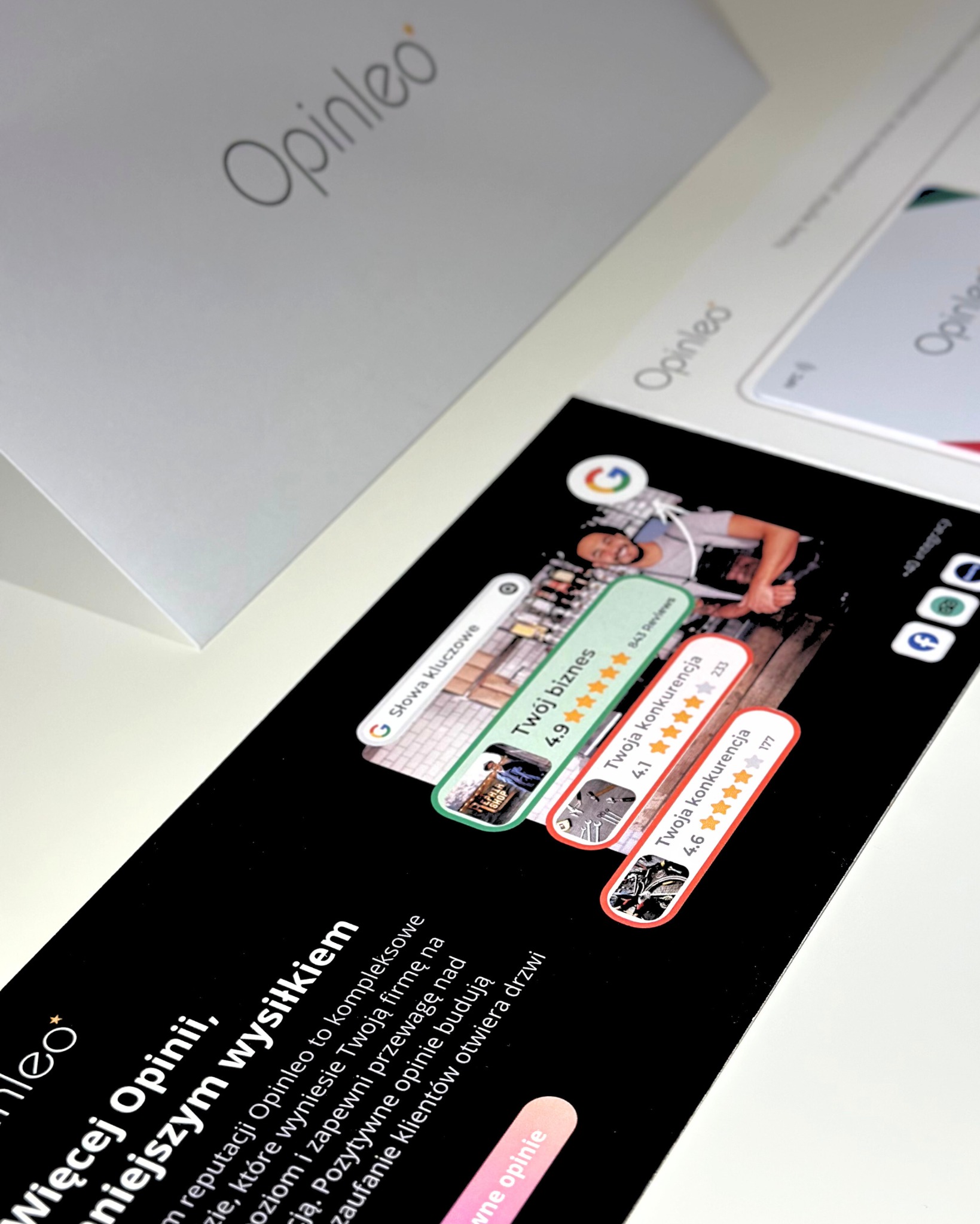 Opinleo: materiały promocyjne prezentujące wpływ pozytywnych opinii na reputację firmy i przewagę nad konkurencją. Rankingi i oceny Google.