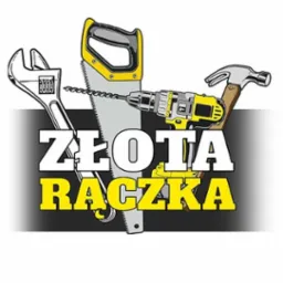 Grafika z narzędziami: klucz nastawny, piła, wiertarka, młotek. Napis 'Złota Rączka' w żółto-białej kolorystyce na szarym tle. Ilustracja.