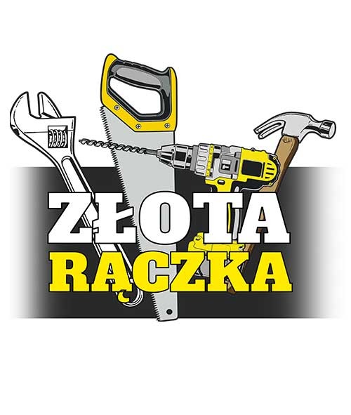 Grafika z narzędziami: klucz nastawny, piła, wiertarka, młotek. Napis 'Złota Rączka' w żółto-białej kolorystyce na szarym tle. Ilustracja.