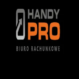 Logo firmy Handy Pro Biuro Rachunkowe na czarnym tle. Szaro-pomarańczowa grafika z motywem telefonu i strzałki.