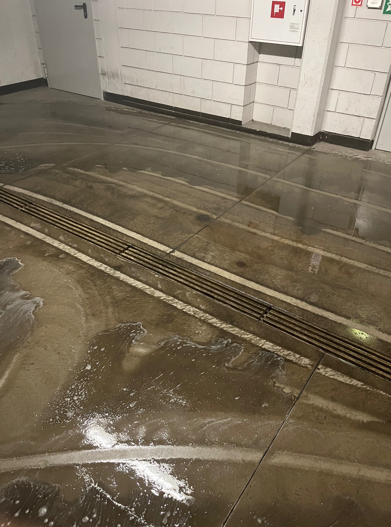 Mokra posadzka z odpływem liniowym w hali po umyciu, widoczne ślady piany. Białe, kafelkowane ściany i drzwi w tle. Perspektywa z dołu.