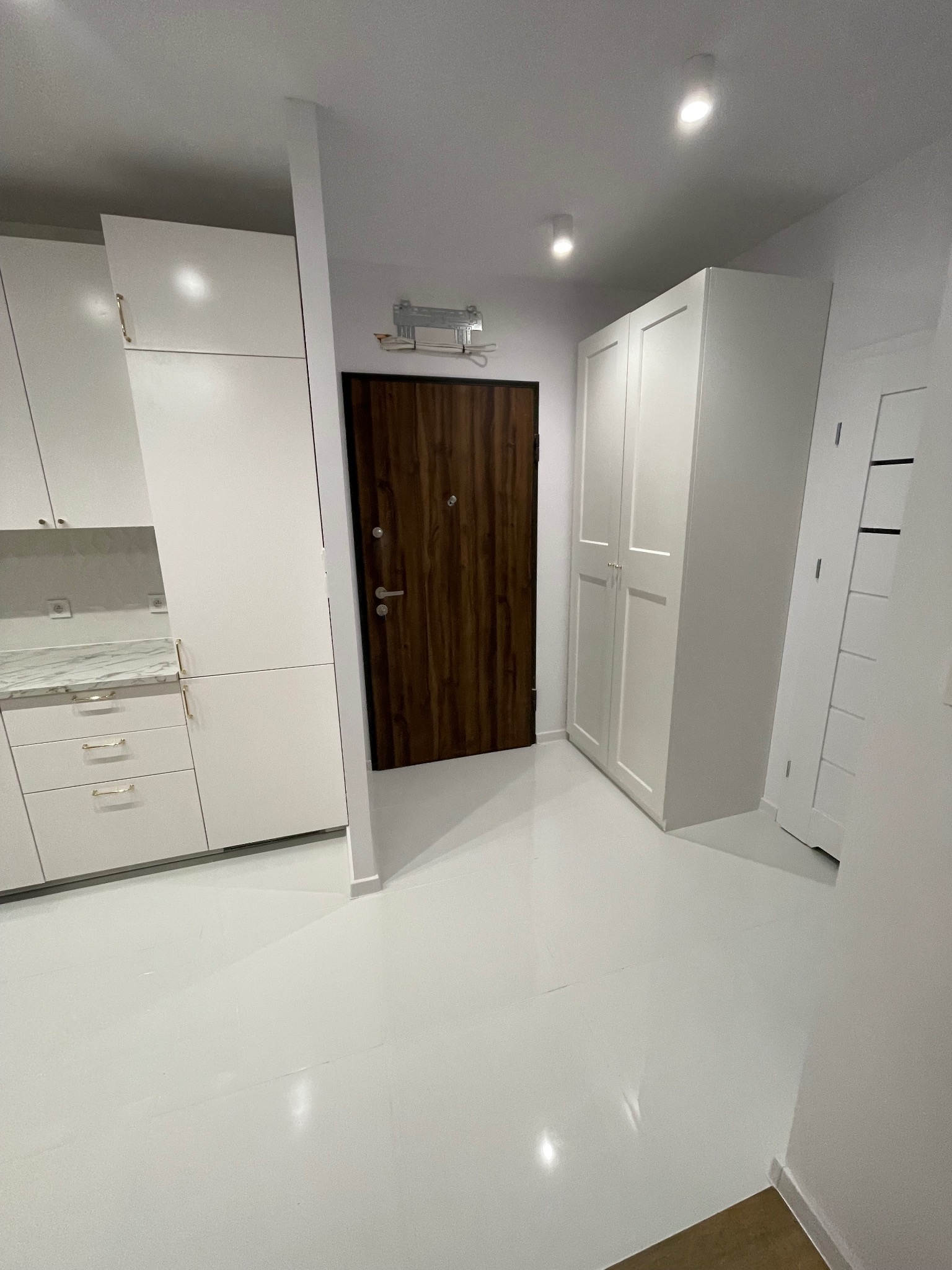 Nowoczesny przedpokój z białymi meblami, drewnianymi drzwiami wejściowymi i błyszczącą, białą podłogą. Minimalistyczny design, oświetlenie punktowe.