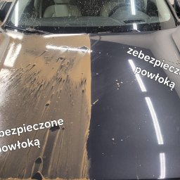 Janek Nowrocki - Porównanie: połowa maski auta z powłoką ochronną, druga bez. Widoczna różnica w czystości po umyciu. Efekt hydrofobowy i ochrona lakieru.