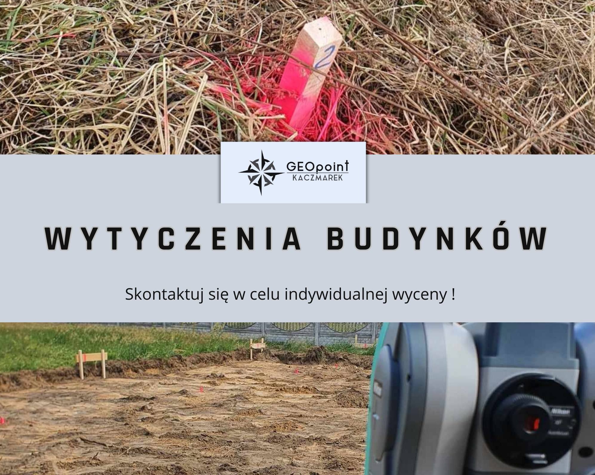 Wykop pod budowę z wytyczonymi punktami granicznymi, widoczne drewniane paliki z oznaczeniami, w tle trawa i urządzenie pomiarowe.
