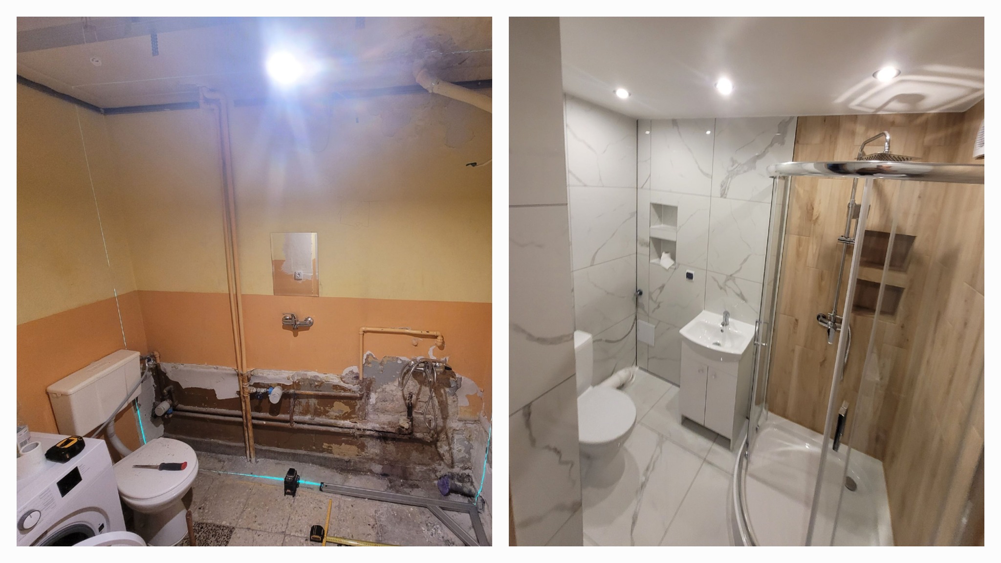 Remont łazienki w Orchówku: widok przed i po. Po lewej stan surowy z instalacjami, po prawej wykończona łazienka z kabiną prysznicową i umywalką.