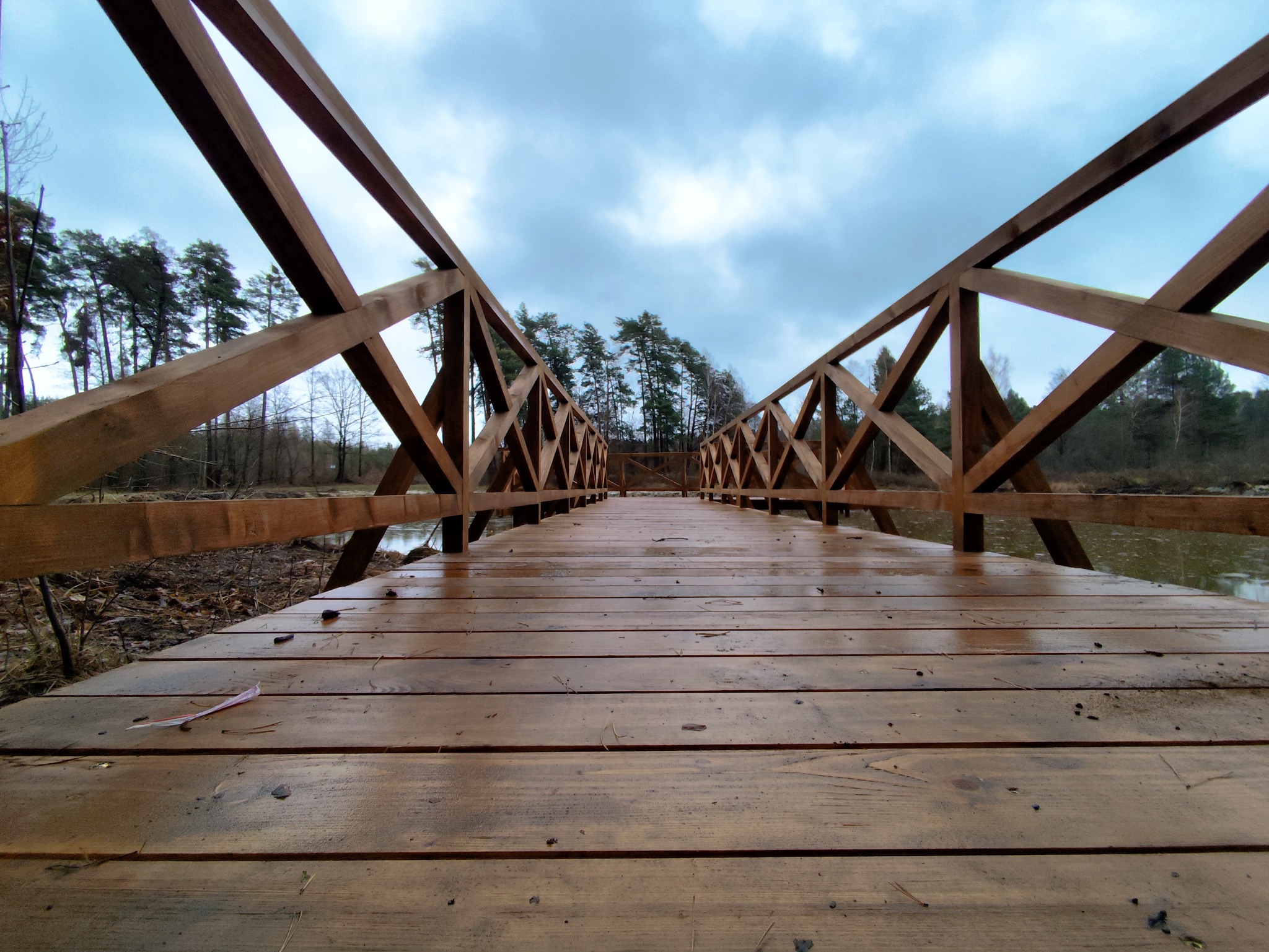 Drewniany mostek nad wodą, widok z niskiej perspektywy. Konstrukcja z belek, mokre deski, w tle drzewa i pochmurne niebo. Geometryczny wzór barierek.