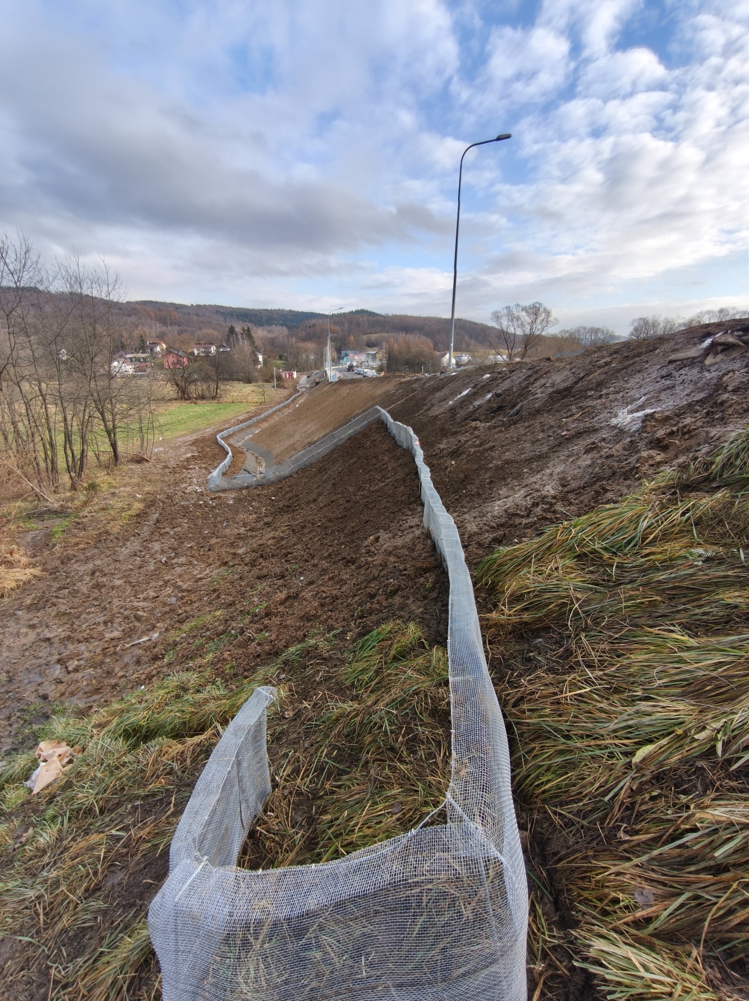 Zabezpieczenie skarpy siatką przeciwerozyjną na tle krajobrazu wiejskiego z widoczną latarnią uliczną i pochmurnym niebem. Prace ziemne w toku.