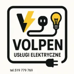 Logo firmy VOLPEN Usługi Elektryczne: czarny obrys, żółta błyskawica, wtyczka, żarówka i numer telefonu na białym tle.