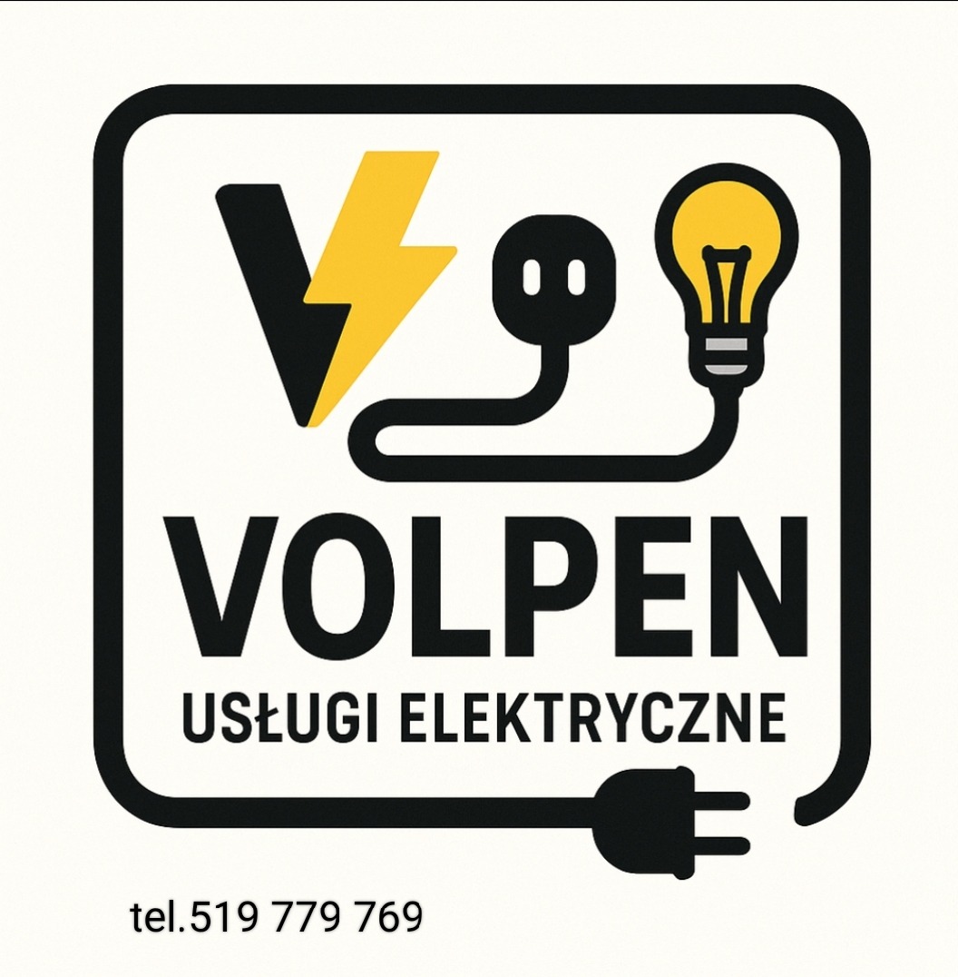 Logo firmy VOLPEN Usługi Elektryczne: czarny obrys, żółta błyskawica, wtyczka, żarówka i numer telefonu na białym tle.